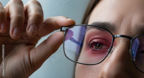 Close-up eye with glasses showing redness, eye strain from screen exposure, tired vision and digital fatigue concept
