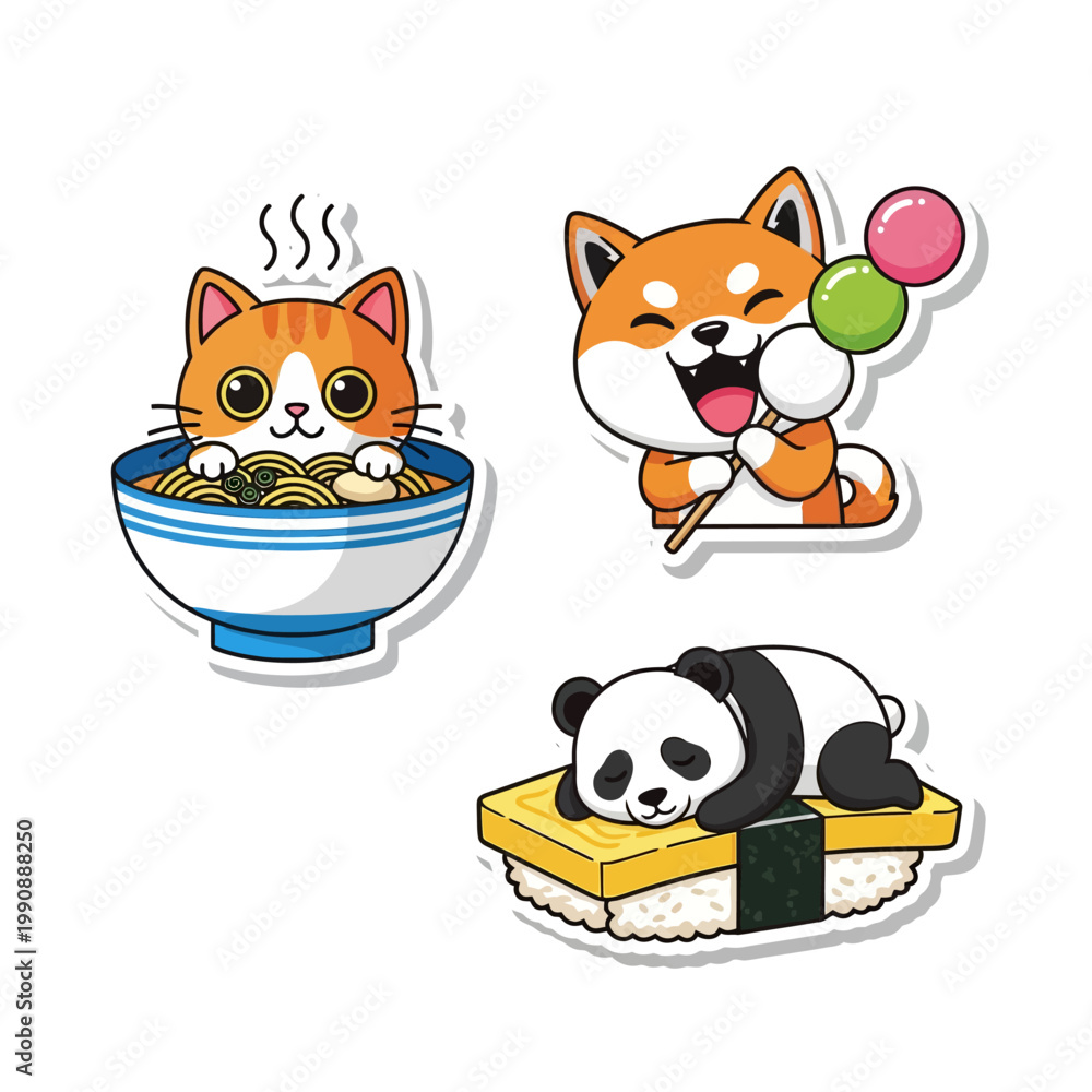 Obraz premium Cute cartoon animal food stickers with cat eating noodles panda on sushi and dog with candy