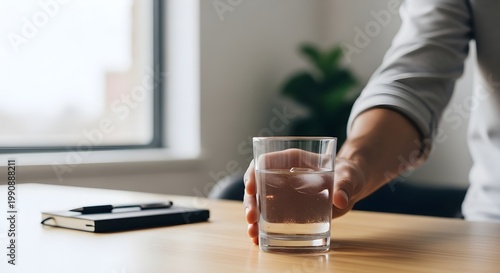 Hand placing glass of water on desk with notebook, hydration during work, healthy lifestyle and office routine concept
