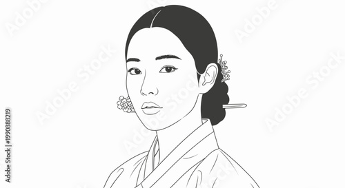 Elegant minimalist line art portrait depicting a young woman adorned in traditional Korean hanbok, showcasing cultural grace and historical beauty with a refined aesthetic
