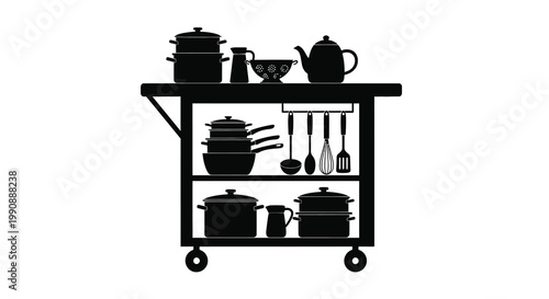 Black silhouette of kitchen cookware and utensils on a rolling cart