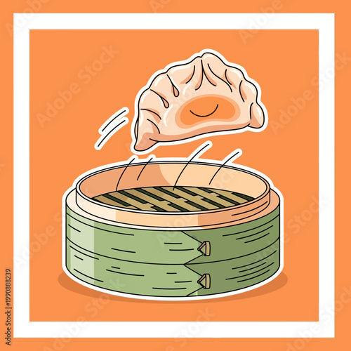 Cartoon illustration of dumpling jumping into bamboo steamer