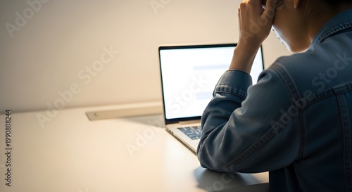 Stressed person working on laptop holding head, mental fatigue, work pressure and digital burnout concept