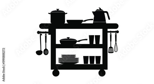 Black silhouette of a kitchen cart with pots pans and dinnerware
