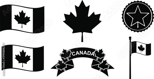 Canada flags and maple leaf vector illustration set on transparent background, canadian symbols.