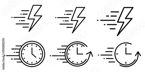 Speed and time icons lightning bolts and clocks with motion lines