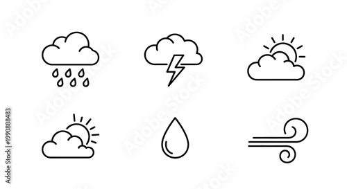 Weather Forecast Outline Icons Set: Sun, Cloud, Rain, Storm, Lightning, Wind, and Raindrop Vector Collection for Climate & Meteorology.