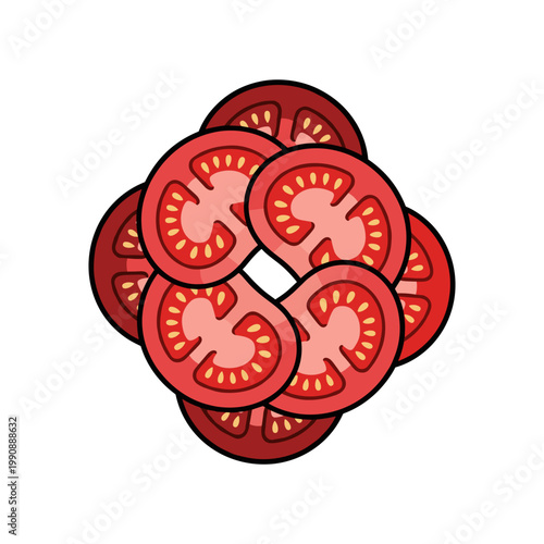 A stylized pattern of fresh red tomato slices arranged neatly together.