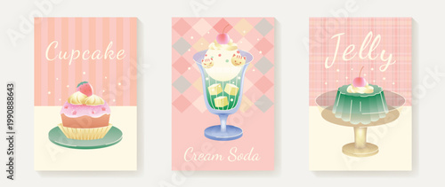 Cute Dessert Illustration Set – Strawberry Cupcake, Cat Cream Soda, Green Jelly with Cherry. Vector illustration for logo, promotion, marketing, poster, package, ads.