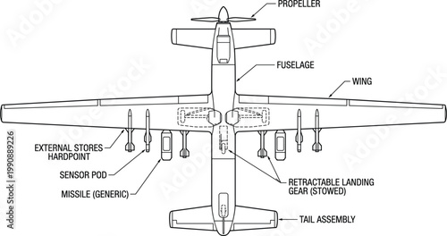 Military drone aircraft top view illustration, detailed unmanned aerial vehicle diagram with labeled parts for defense aviation technology concept