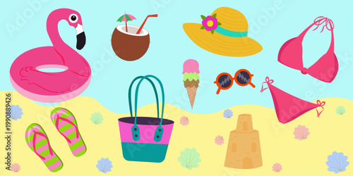 Bright and playful summer beach illustration featuring flamingo inflatable float, coconut drink, bikini, hat, sunglasses, flip flops, beach bag and seashells on sandy background. Perfect for travel 