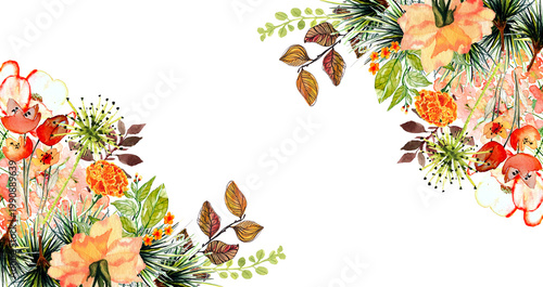 Cornice angolare con fiori arancio e ramoscelli di foglie verdi e marroni, illustrazione ad acquerello isolata.  Banner, etichetta, cosmetica, sfondo floreale autunno, primavera