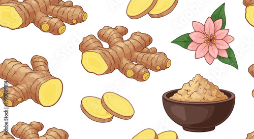Ginger root and powder seamless pattern with slices and flower natural spice ingredient botanical vector illustration