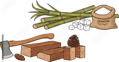 Natural materials and resources vector illustration set with sugarcane wood logs axe and raw organic elements collection