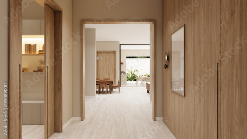 Modern Home Entrance Hallway Looking Toward Open Concept Dining and Outdoor Patio