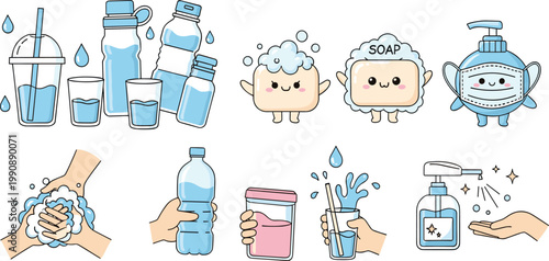 Hygiene and handwashing vector illustration set with water bottles soap sanitizer and clean hands elements collection