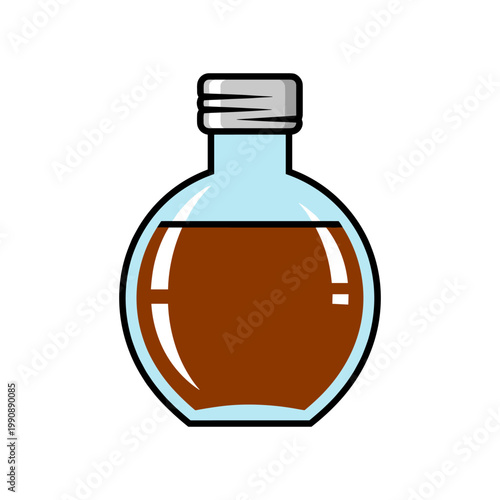 A small, round glass bottle with a silver screw cap contains a dark brown liquid.