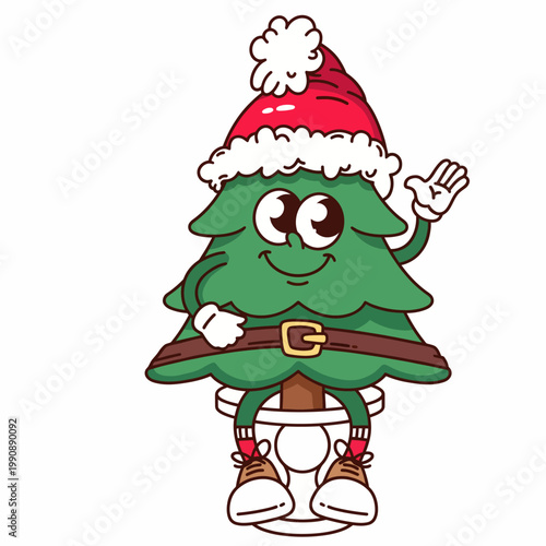 A whimsical illustration of a Christmas tree character wearing a Santa hat and waving cheerfully, sure to spread holiday joy and festive spirit throughout the season.