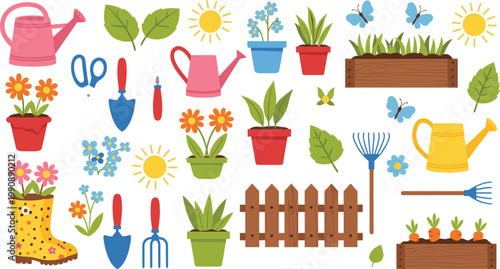 Garden elements vector illustration set with tools watering cans flowers pots and outdoor gardening accessories collection