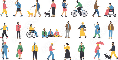 People walking outdoor vector illustration set with diverse characters daily activities city lifestyle collection