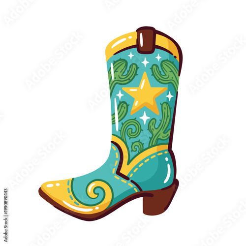 An artistic representation of a vibrant cowboy boot, adorned with intricate designs and bold colors, symbolizing Western culture and fashion trends.
