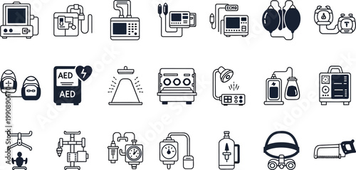 Collection of medical and emergency equipment icons Vector