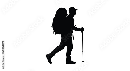 A hiker with a large backpack and trekking poles depicted as a silhouette