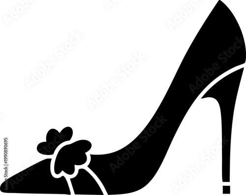 Elegant high heel shoe vector icon, black silhouette of stiletto pump with bow detail, stylish women's footwear illustration for fashion design