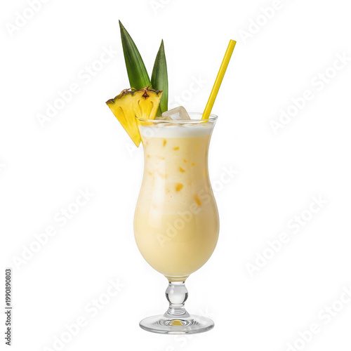 A creamy pina colada cocktail with pineapple wedge and straw