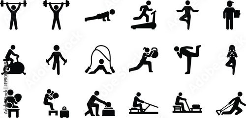 Comprehensive illustration of various gym and fitness exercises Vector