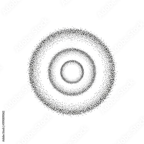 A black and white illustration of concentric circles made of tiny dots.