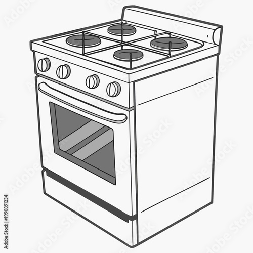 A black and white line drawing depicts a freestanding gas range with four burners and a matching oven below high quality professional