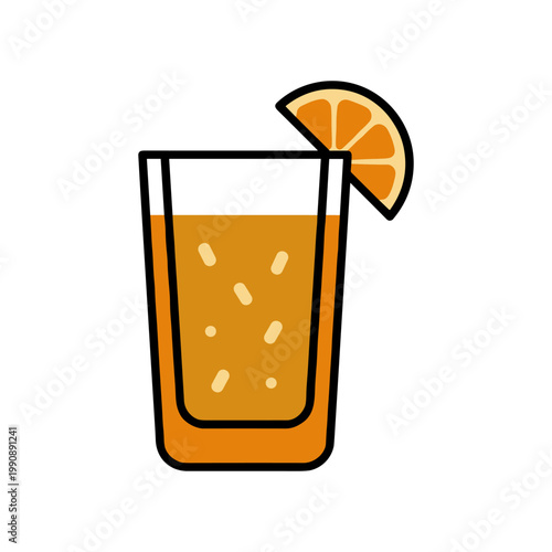 A refreshing glass of orange juice with pulp and a decorative citrus slice on the rim.