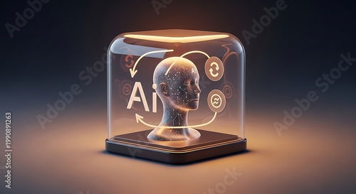 Futuristic glass dome housing a translucent human AI head with revolving arrows and symbols on a dark gradient base.