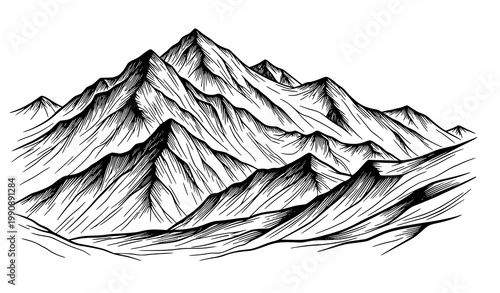South Iceland snowcapped mountain peaks black and white landscape vector illustration