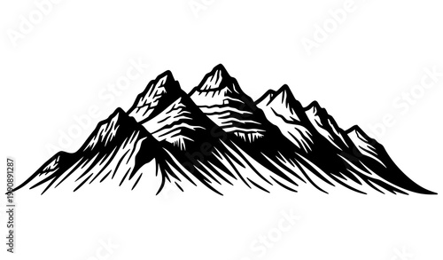 Black white snowcapped South Iceland mountain peaks hand drawn vector illustration