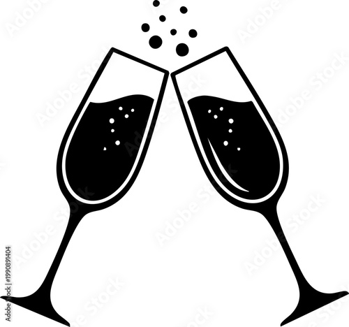 Champagne glasses clinking icon, black and white sparkling wine toast vector, elegant celebration flutes with bubbles for wedding or party