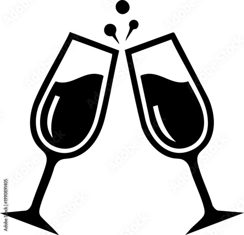 Champagne glasses clinking icon, minimalist black and white toast vector, celebration wine flute silhouette for wedding and party design