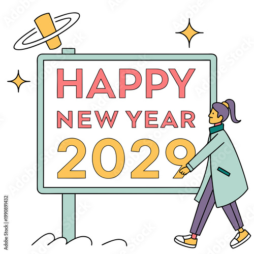 A cheerful illustration depicts a woman adjusting a large sign displaying happy new year 2029 with a planetary ring above high quality