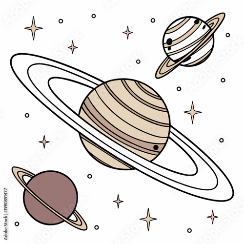 A charming illustration depicts planets with rings stars and celestial bodies in a soft muted color palette high quality professional detailed modern