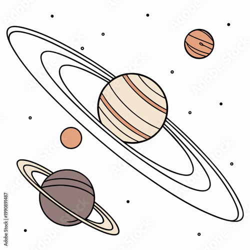 A whimsical illustration depicts several planets including a saturn like planet with prominent rings amidst a speckled cosmic backdrop high quality professional