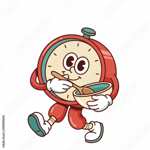 A cheerful, cartoon clock character happily holding a bowl and spoon, representing the joy of cooking and the passage of time, perfect for culinary-themed projects and illustrations.