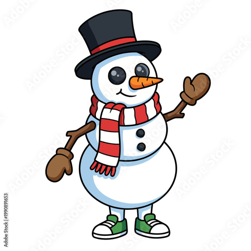 A delightful snowman wearing a stylish top hat and a bright scarf, radiating happiness during wintertime, symbolizing joy, holiday spirit, and playful artistic charm in cold weather.