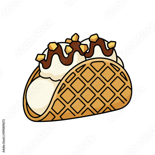 A delightful waffle taco filled with scoops of vanilla ice cream, drizzled with chocolate sauce and nuts.
