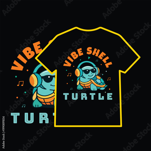 Cute Chill Music Turtle Mascot T-shirt Design with Headphones and Playful Typography for Kids and Gamers