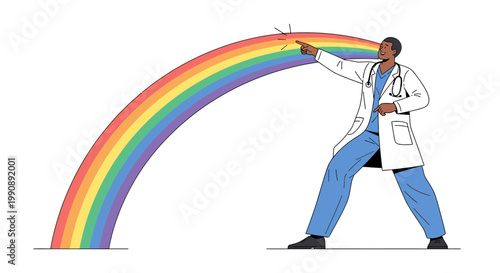 Doctor in medical uniform points to a rainbow, symbolizing hope and healing during challenging times