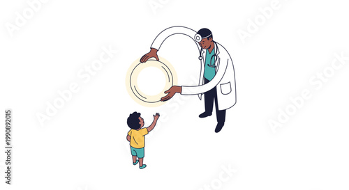 Doctor giving a glowing orb to a child, symbolizing hope, healing, and medical care for children