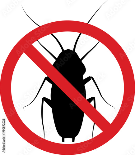 Cockroach vector with roach pest insect icons, exterminator infestation control symbol prohibition sign silhouette outline isolated editable design