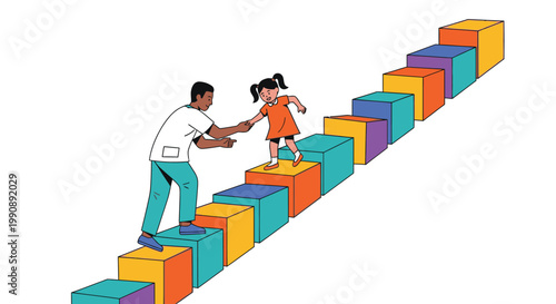 Adult helping a child climb colorful stairs made of blocks, symbolizing growth, education, and support