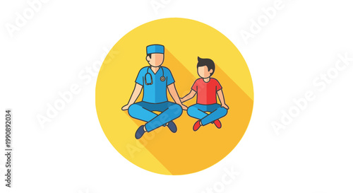 Doctor and child meditating together, symbolizing healthcare, mindfulness, and well-being in a supportive environment.